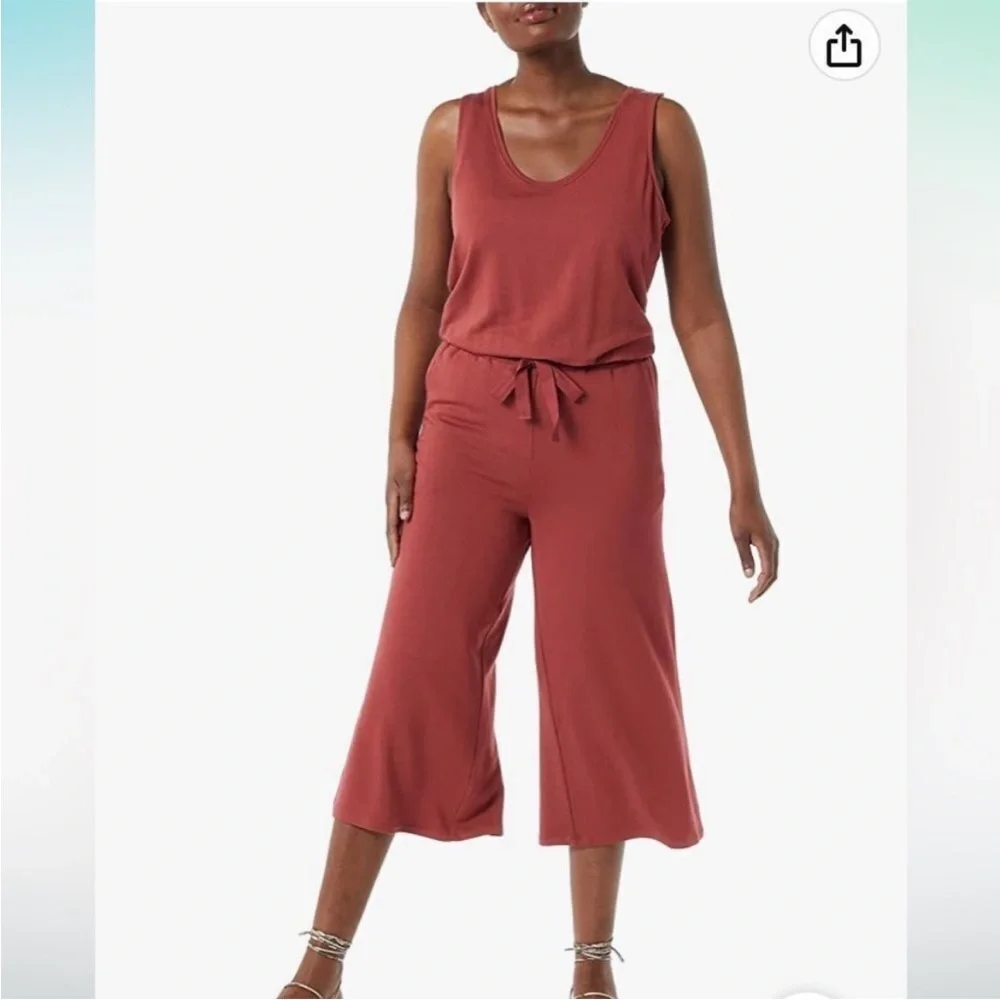 DAILY RITUAL Rust/ Dark Coral Colored Sleeveless Wide Leg Crop Jumpsuit MEDIUM - Picture 1 of 4
